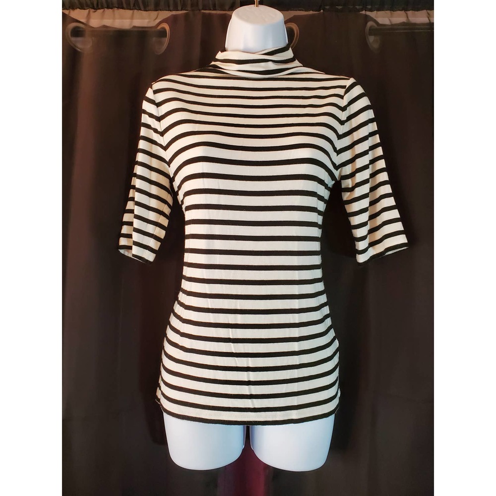 White House Black Market Black and White Stiped Mock Neck Tee M